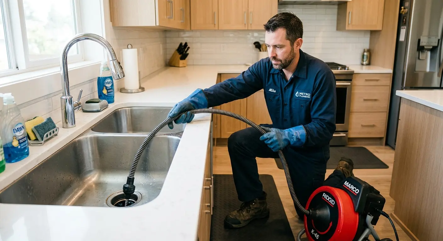 Drain cleaning technician using a motorized snake on a kitchen sink in Kathleen