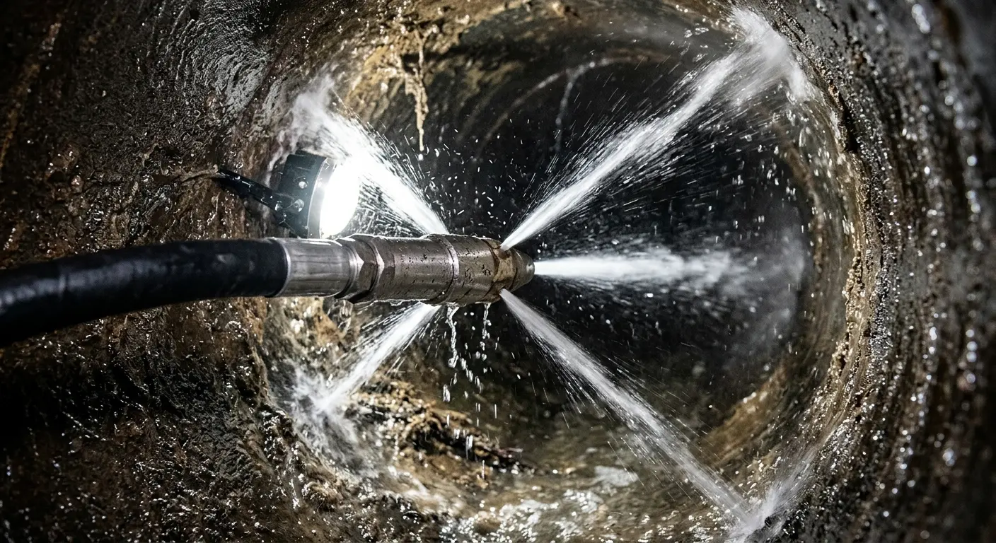 High-pressure hydro jetting nozzle cleaning sewer pipe for Emergency Drain Service in Kathleen