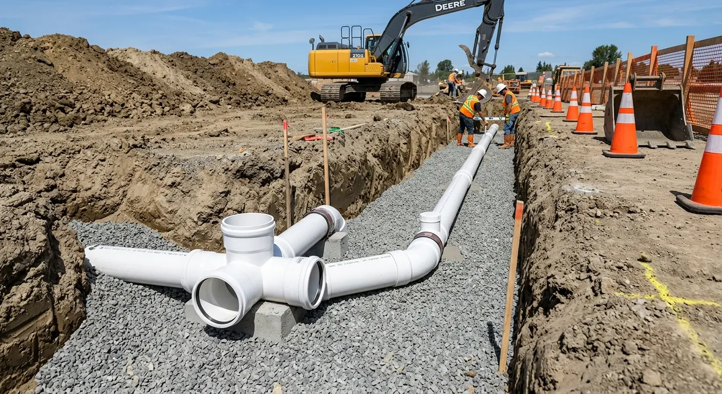 New PVC sewer pipe installation in open trench for Commercial Drain Cleaning in Kathleen