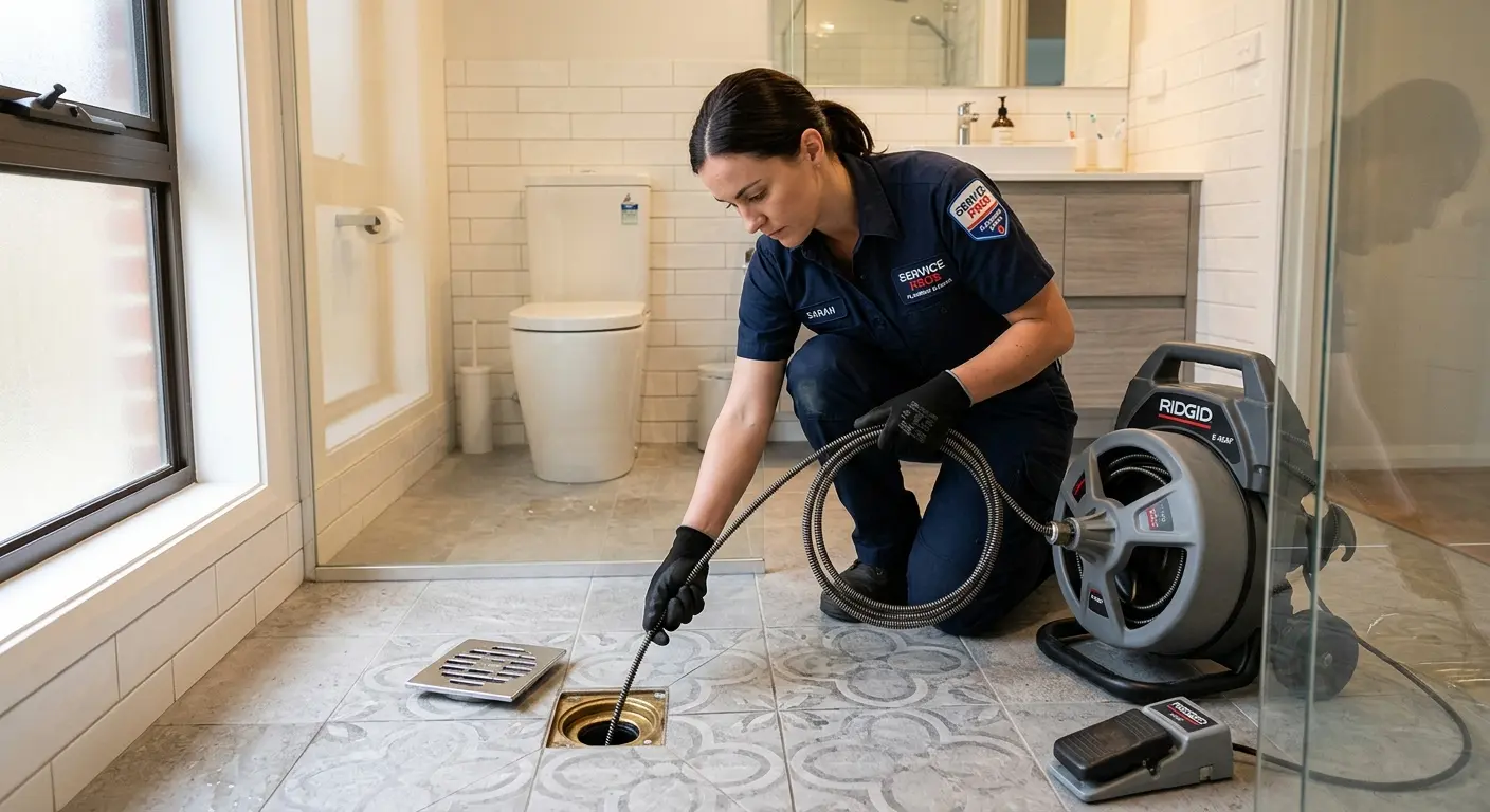 Technician clearing a bathroom floor drain for Sewer Line Installation in Kathleen